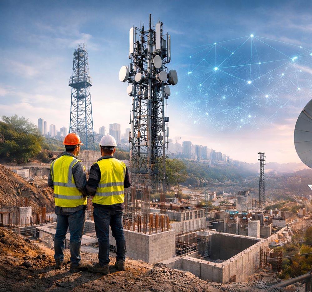 Techniciens sur un chantier d’infrastructure télécom avec antennes 5G et réseau connecté en milieu urbain